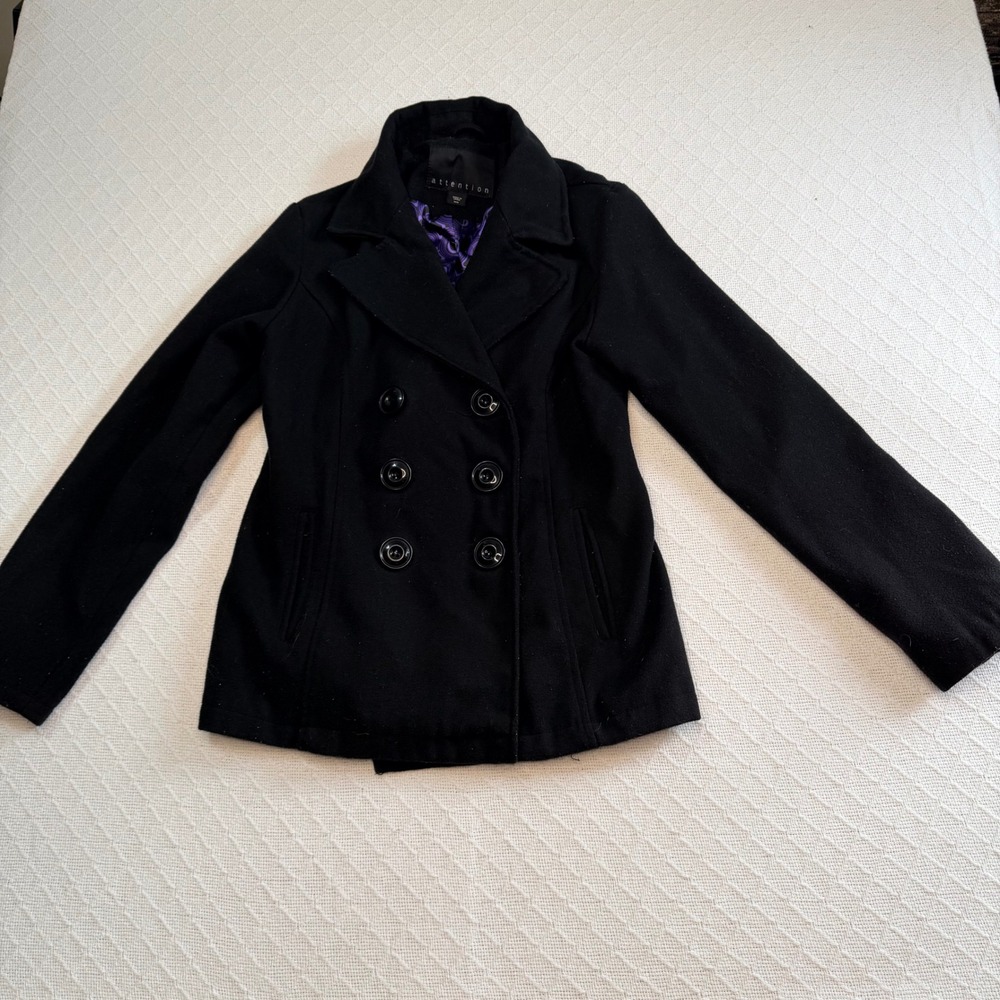 VTG Attention Black Double Breasted Wool Blend Pea Coat Purple Lining Size Med